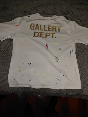 Gallery Dept White Tee with Gold Logo and Multicolor Paint Splatter